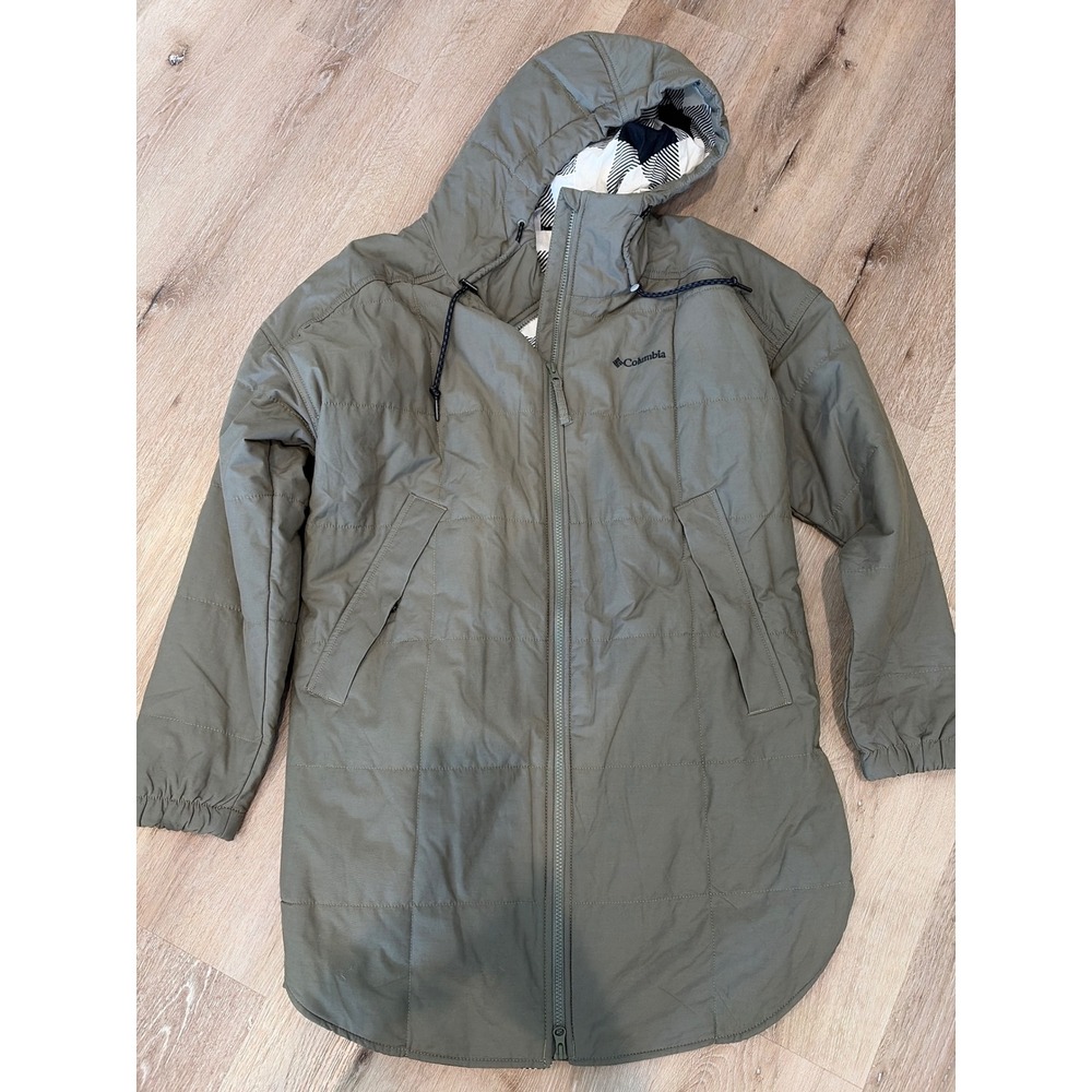 Columbia Olive Green Quilted Hooded Parka with Buffalo Plaid Print Lining